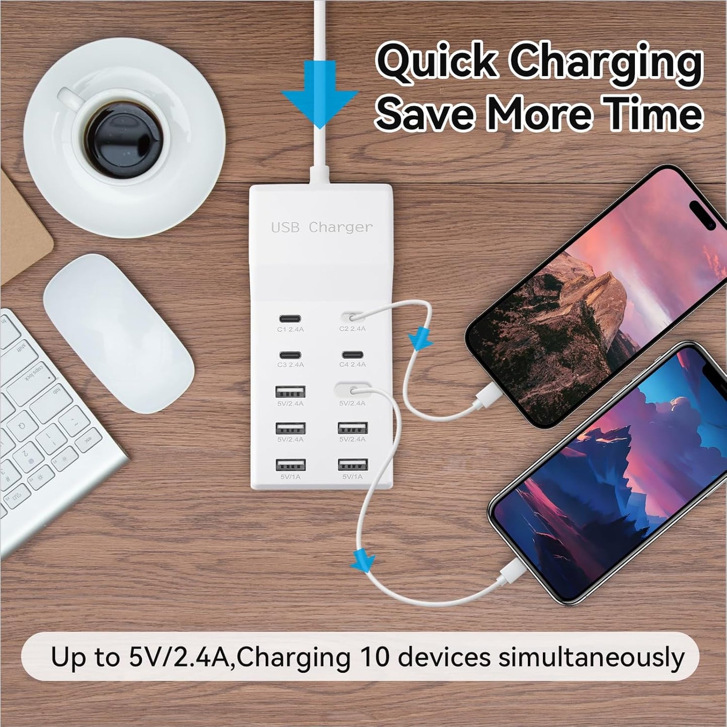 USB Charging Station, 10 Ports Family-Sized USB C Charger Block,USB Power Strip for Smart Phone Tablet Laptop Computer（2 Pcs）