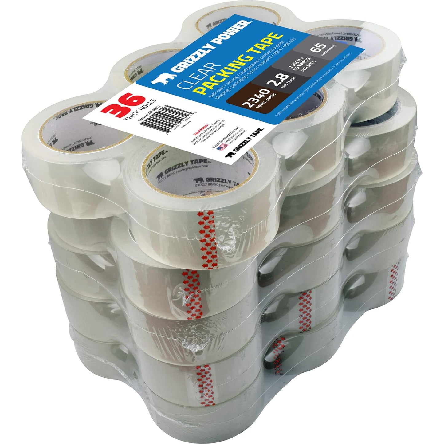 Grizzly Power Clear Packing Tape Refill Rolls for Shipping, Moving, Packaging - True 2 Inch x 65 Yards, 3 Inch Core, 2.8mil Thick, 36 Rolls Bulk Case