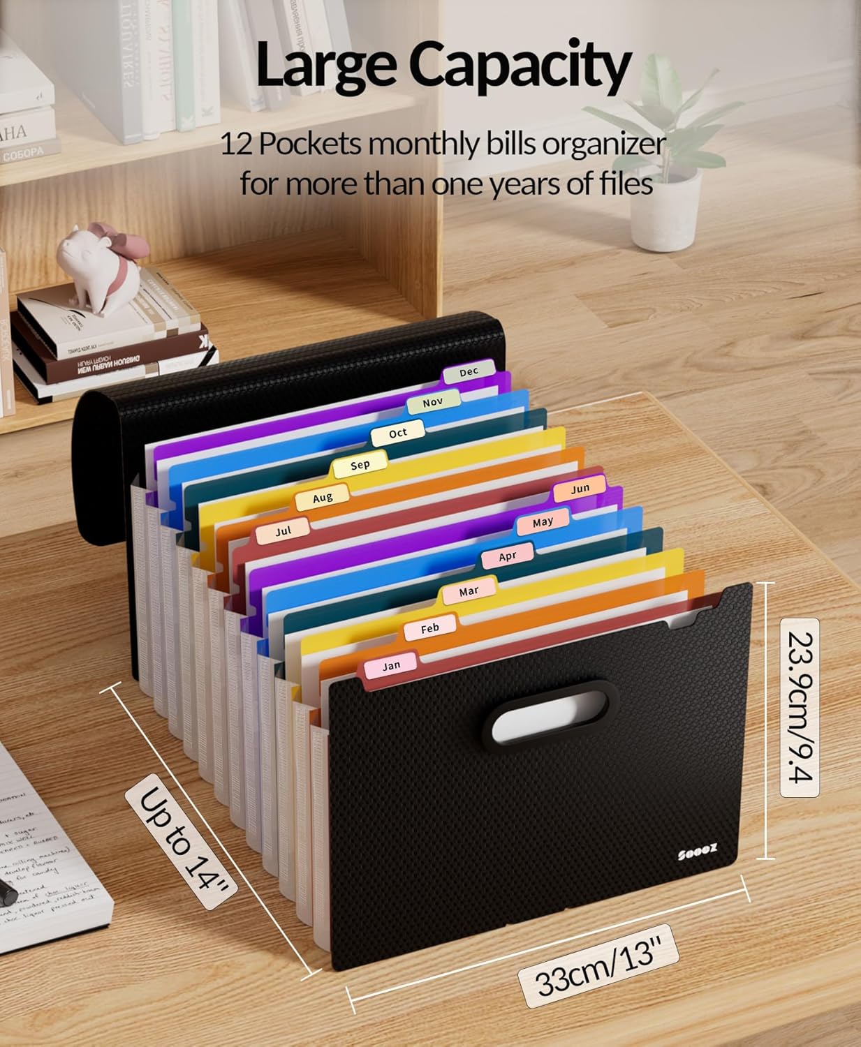 Sooez Upgraded Accordion File Organizer, Expanding File Folder with Deeper 12 Pockets - Never Cover Up Index Tabs, Monthly Bill Paper Receipt Document Organizer, Letter A4 Size for Home Office School
