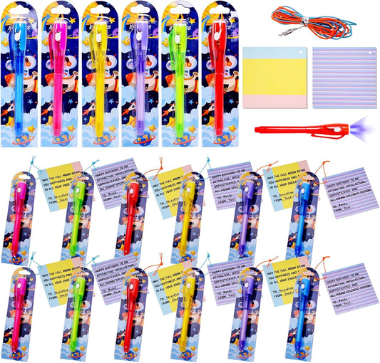 Invisible Ink Pens Gifts Cards. 24 Pack Spy Pen invisible pens with uv light for kids, Magic Pen for Secret Message, Birthday Party,Christmas, and Halloween Goodies Bags Toy(24PCS+Gifts Cards)