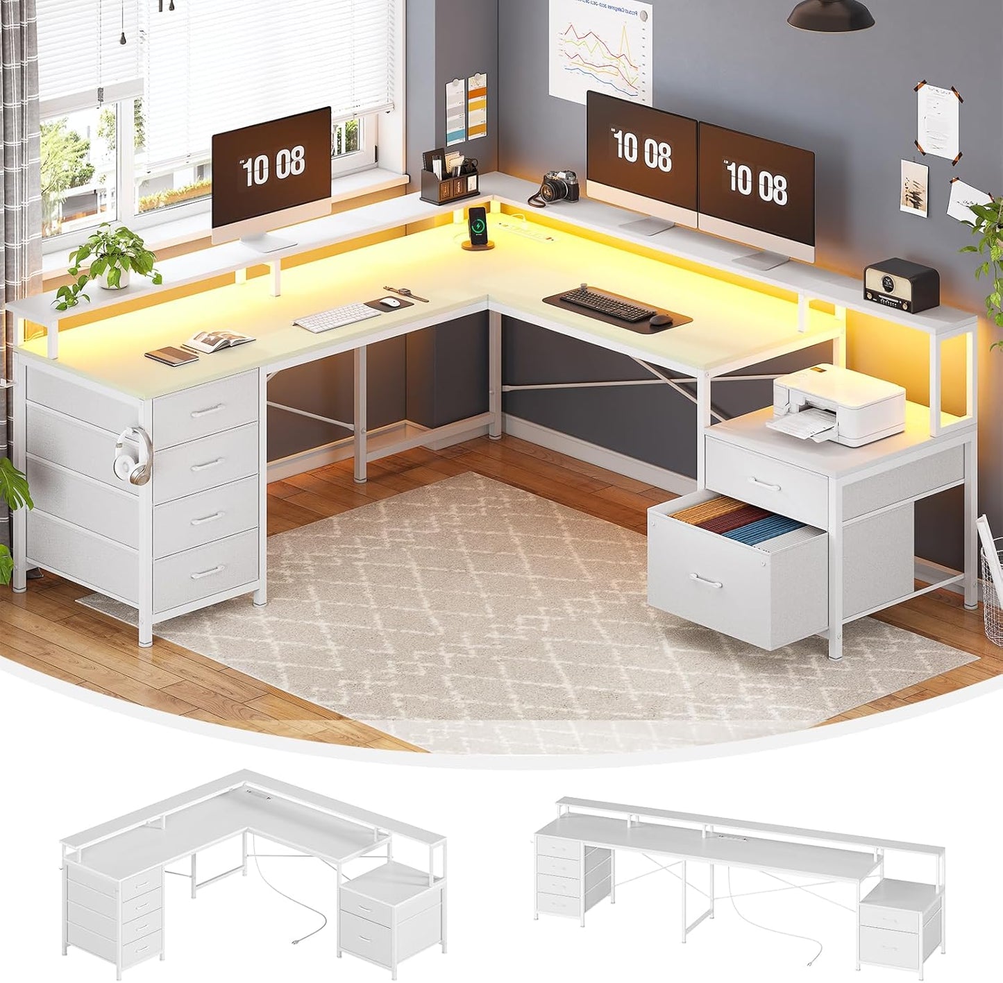 SEDETA L Shaped Desk with 6 Drawer, 108" Home Office Desk with File Drawer & Power Outlet, Corner Computer Desk with Monitor Shelf, File Cabinet, Two Person Desk, Gaming Desk with Led Lights, White