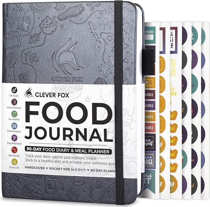 Clever Fox Food Journal Pocket - Daily Food Diary, Meal Planner to Track Calories & Nutrients, Weight Loss Tracker Notebook, 4x5.5” (Silver Black)