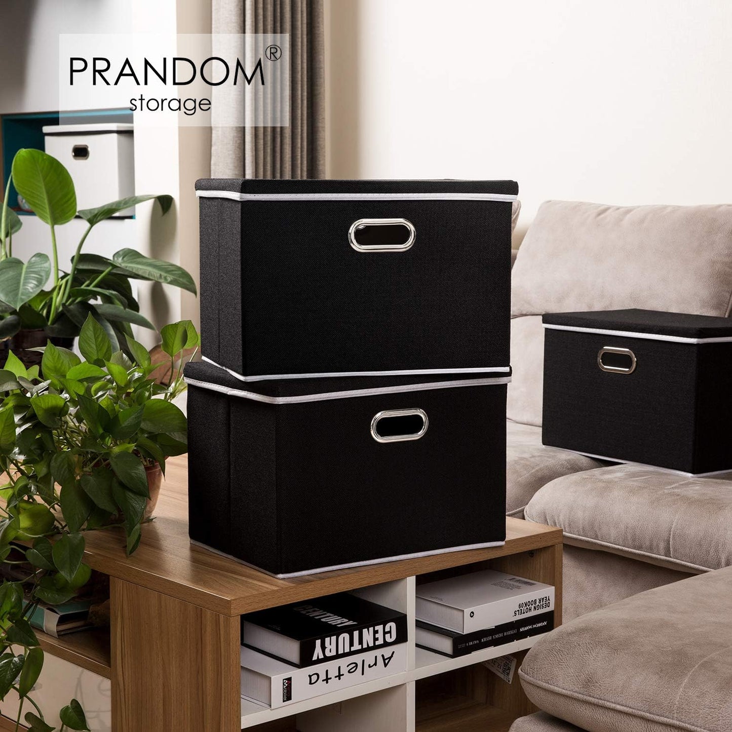 PRANDOM Large Foldable Storage Boxes with Lids [3-Pack] Fabric Collapsible Storage Bins Organizer Containers Baskets Cube with Cover for Home Bedroom Closet Office Nursery Black(17.7x11.8x11.8)