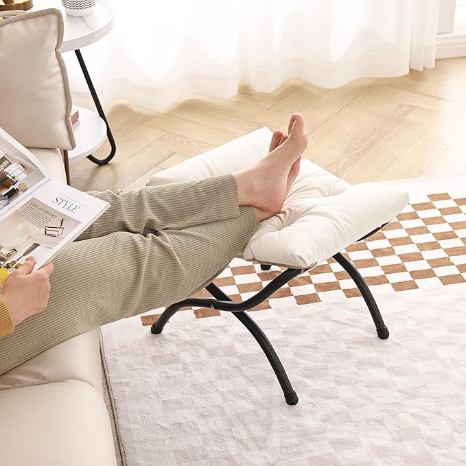 LITA Folding Upholstered Footrest Stool, Modern Small Portable Accent Ottoman with Detachable Thick Cotton Cushion Padded Sofa Stool with Metal Frame for Lazy Chair, Living Room & Bedroom, Beige