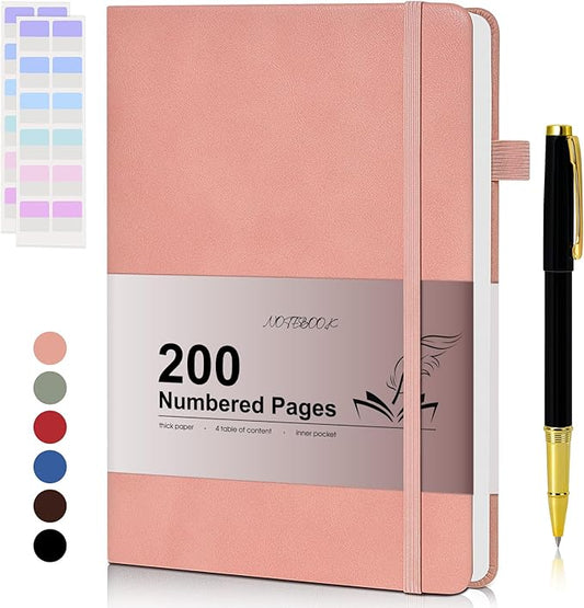 Lined Journal Notebook for Men Women, 200 Numbered Pages Leather Hardcover Journal with Pen, A5 Journaling Notebooks, Thick Paper College Ruled Journals for Writing Work Business 5.75'' X 8.38'' Pink