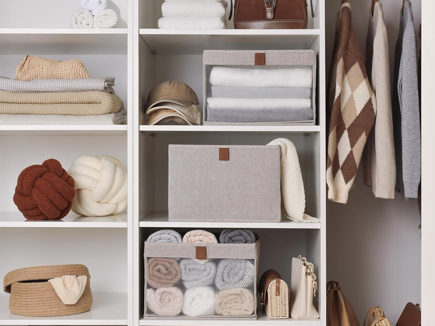 StorageWorks Closet Storage Bins, Large Storage Baskets with Clear Window and Handles, Foldable Fabric Organizer for Clothes, Shelves, Brown and Beige, 3 Pack