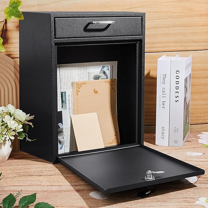 Locking Mailbox with Key for Outdoor 18 x 15 x 7 Inches Large Wall Mount Mail Box with Lock Security Mail Drop Metal Collection Boxes Hanging Secure Postbox(Black)