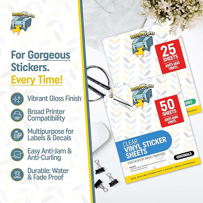 Clear Printable Vinyl for Inkjet Printer - Waterproof, 25 Sheets - Transparent Inkjet Printable Vinyl Sticker Paper Avoid Jams