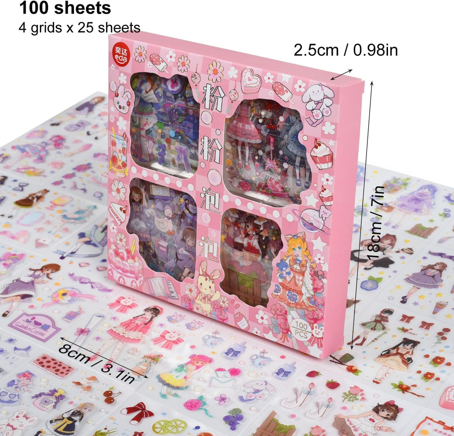 EAMOTOL 100 Sheets Kawaii Girls Stickers Kit for Journaling - Cute Sweet Cartoon PET Transparent Collage Scrapbooking Supplies Sticker Decal for Junk Journals Handbook Laptop Cards DIY Arts Crafts