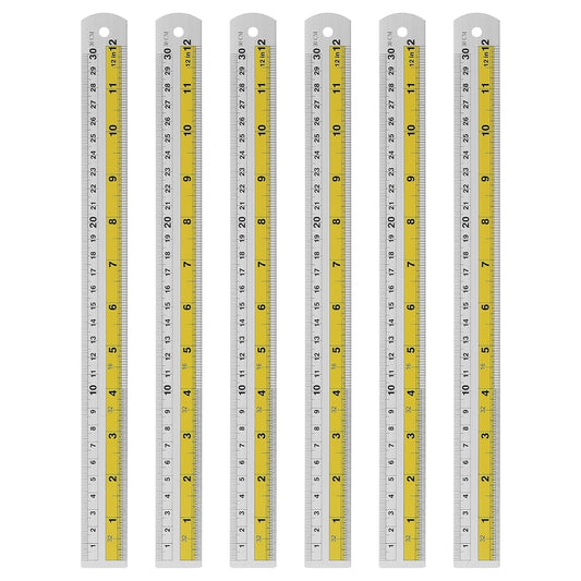 HARFINGTON 6pcs Metal Straight Ruler 30cm Metric SAE Aluminum Alloy Measuring Rulers Scale Tool with Hole for Measure Study Reading Classroom Office, Yellow