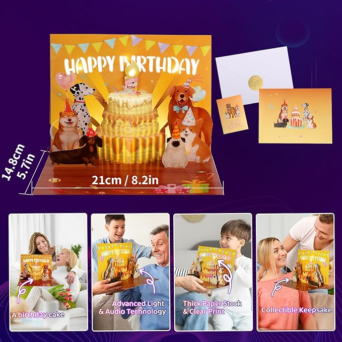 Musical Birthday Cards, Funny Dog Blowable Candle Pop Up Greeting Cards With Colourful Lights, Birthday Gifts for Kids Men Women Mom Dog Lover and Dad