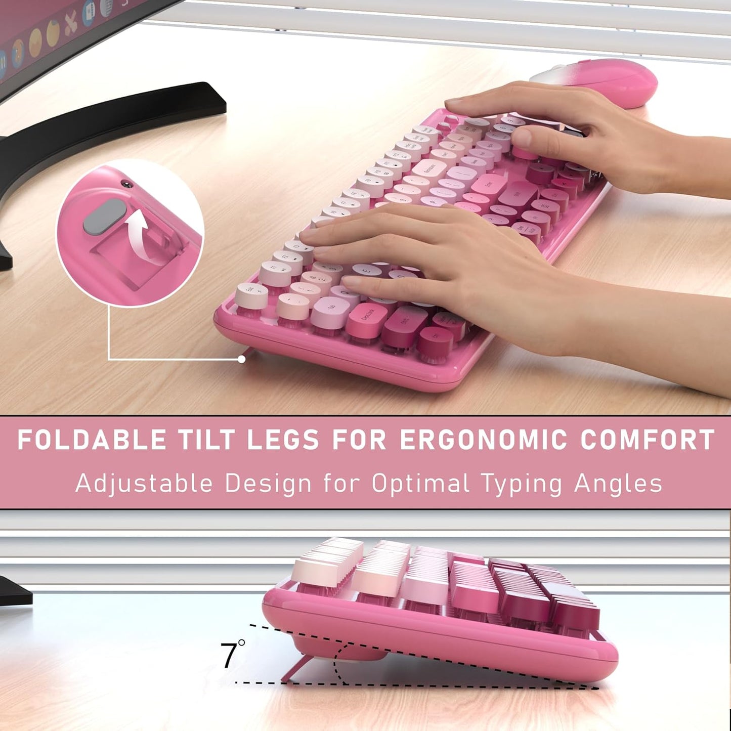 Wireless Keyboard and Mouse, Full-Size Retro Typewriter Keyboard with Round Keycaps, 2.4GHz for Windows, Mac, Laptop, PC, Desktop (Dark Pink Gradient)