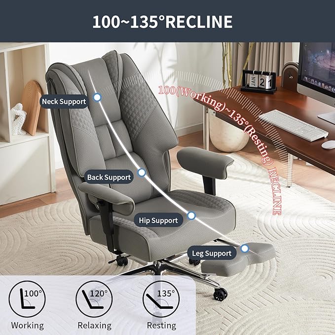 Big and Tall Office Chair 400lbs Wide Seat, Leather High Back Executive Office Chair with Foot Rest, Ergonomic Chairs Lumbar Support for Lower Back Pain Relief (Mesh Light Grey)