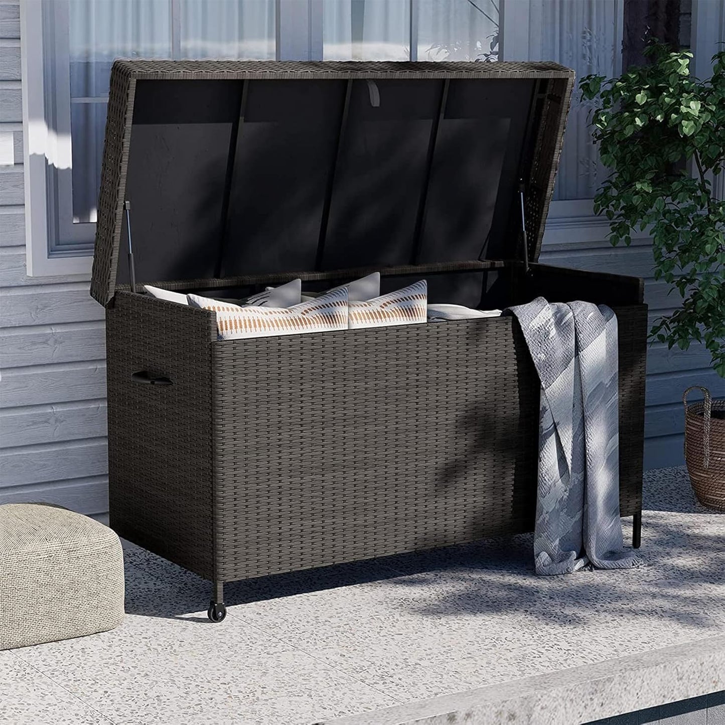 Grand patio 170 Gallon Deck Storage Box Deck Box Outdoor Storage Box Indoor Wicker Storage Bin Patio Storage Box for Patio Furniture Cushions Garden Tools Pool Accessories, Black