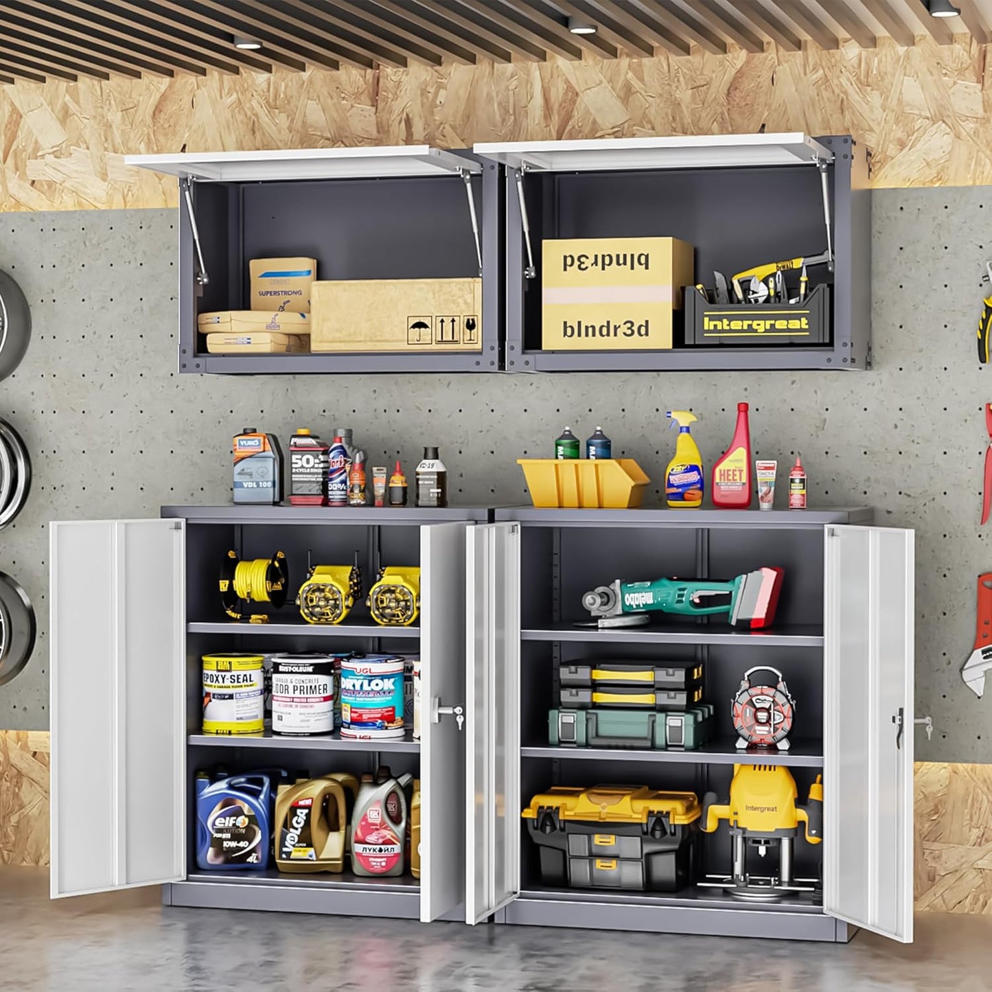 INTERGREAT Metal Cabinet with Lock, Lockable Metal Storage Cabinets with Doors and Shelves for Garage, Grey White Locking Garage Storage Cabinets 36"×32"×16"