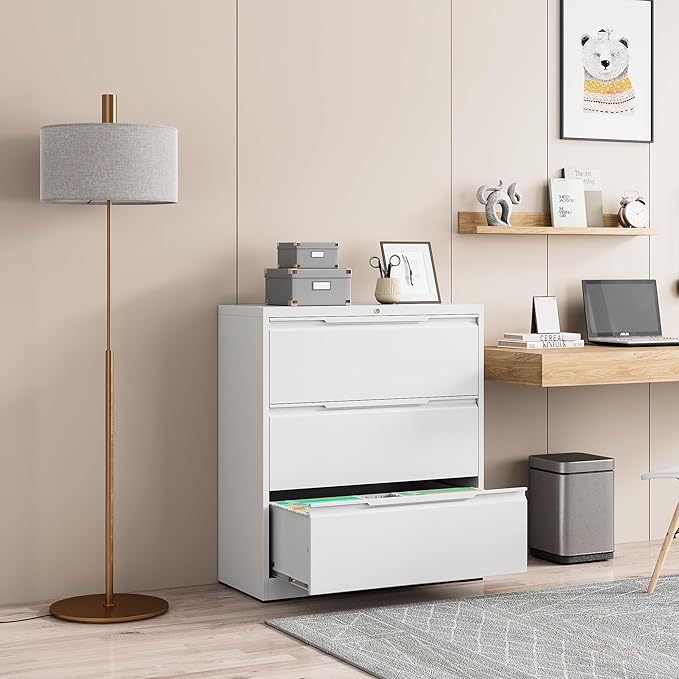Lateral File Cabinet, 3 Drawer Lateral File Cabinet with Lock, Lockable Metal File Cabinet for Home Office, File Cabinet for Letter/Legal/F4/A4 Size (White, 3 Drawer)
