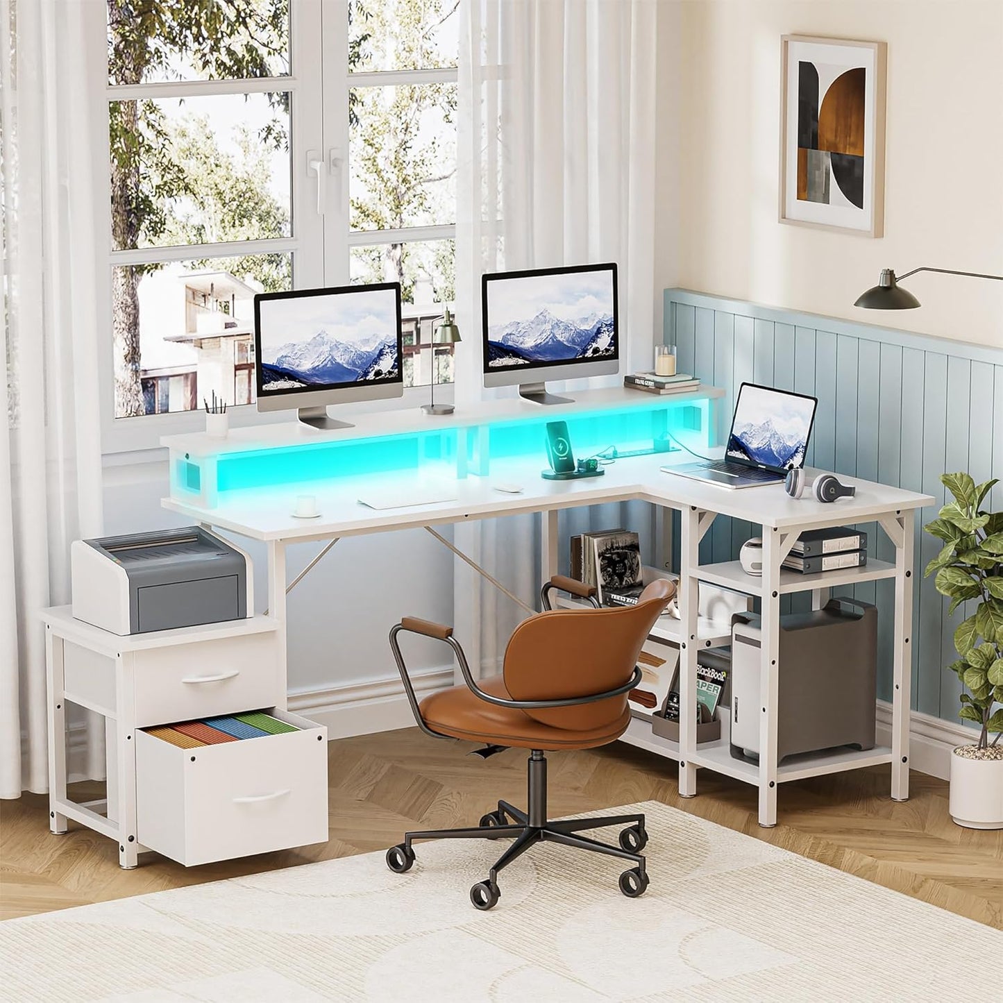 YOUNGAR 69.3" Home Office Desk with Storage, Reversible L Shaped Computer Desks, Corner Gaming Office Desk with 2 File Drawers&Power Outlet, All White