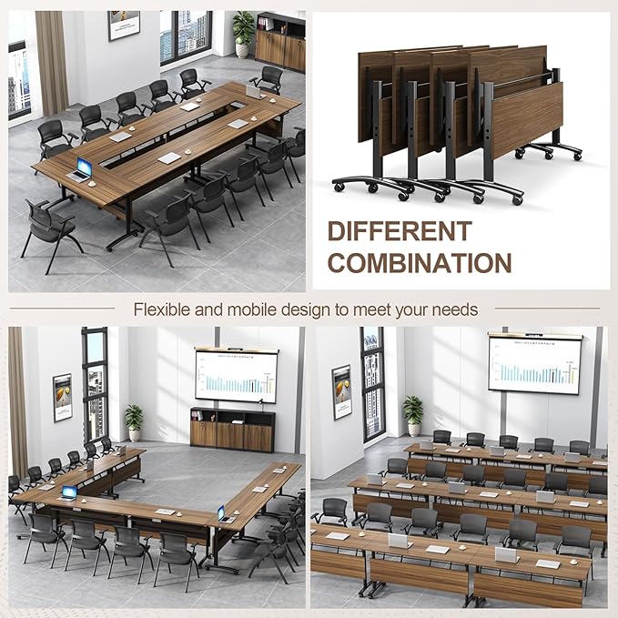 Folding Conference Room Table, Modern Conference Tables with Wheels, Large Rectangular Mobile Training Tables for Office Classroom, Foldable Modular Boardroom Seminar Table Walnut (4pack L63in)