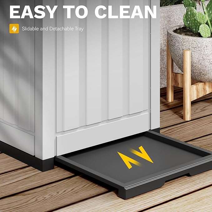 DWVO 36-Gallon Outdoor Trash Can with Fabric Bag, Tiered Lid & Drip Tray, Waterproof Resin Garbage Bin for Patio, Deck, and Backyard, White & Black