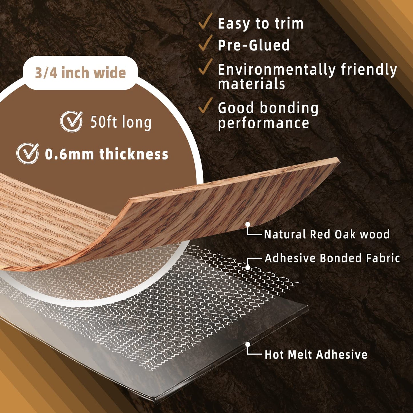 GSCIT Club Red Oak Edge Banding, 3/4 inch x 50ft roll of Veneer Edge Banding Preglued Flexible, Real Wood Tape Banding