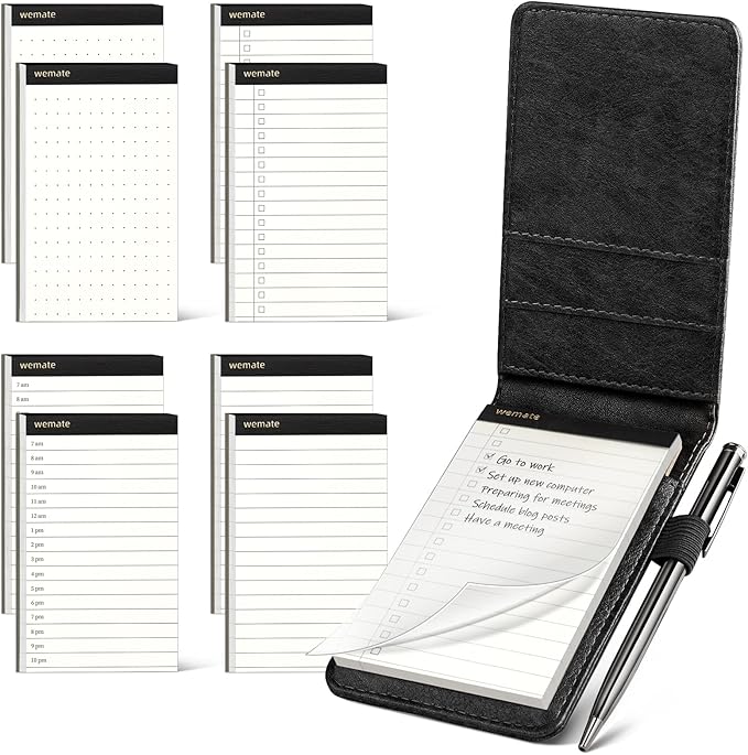 WEMATE 10 Pieces Small Notepad Holder Set Pocket Notebook - Included Mini Pocket Notepad Holder Set with 8 Memo Book Refills and Metal Pen for Meetings, Daily Records, and Notes 3 x 5 Inch (Black)