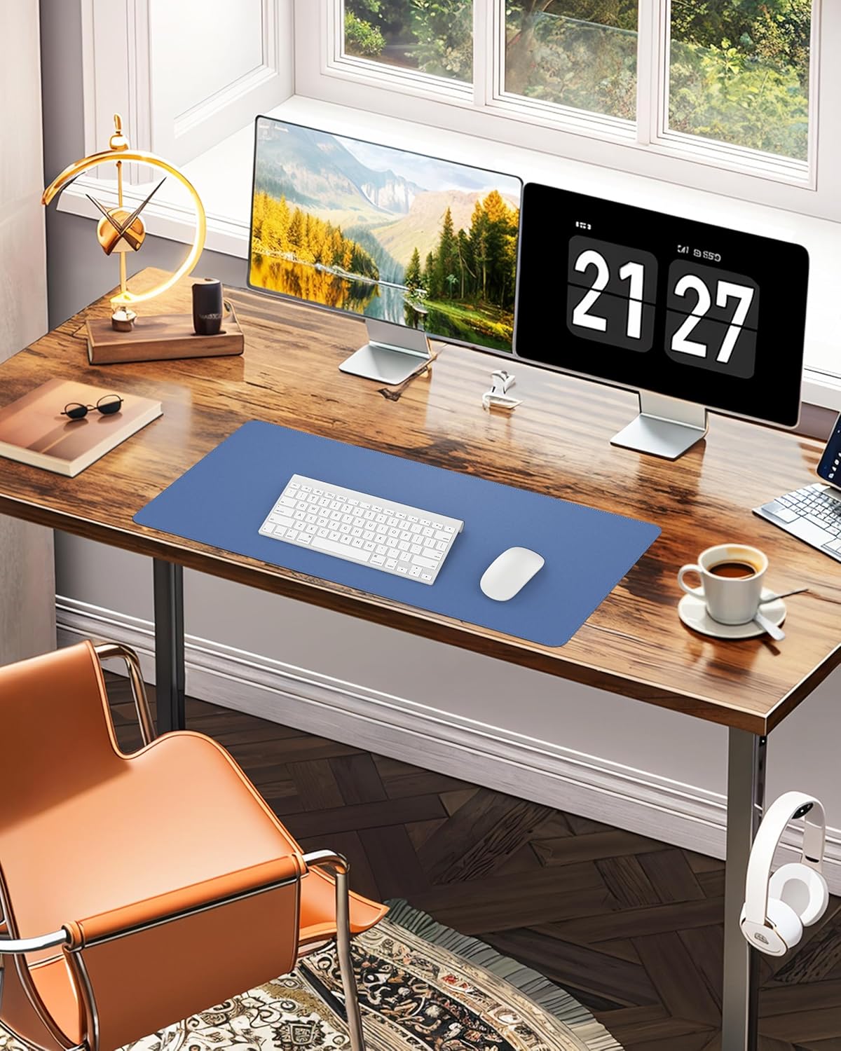 Large Desk Pad Mat - Waterproof Mouse Pad & Desk Protector, Non-Slip XL PU Leather Gaming Mat for Keyboard/Mouse, Stitched Edge with Ergonomic Support, 47"x17" (Blue Grey)