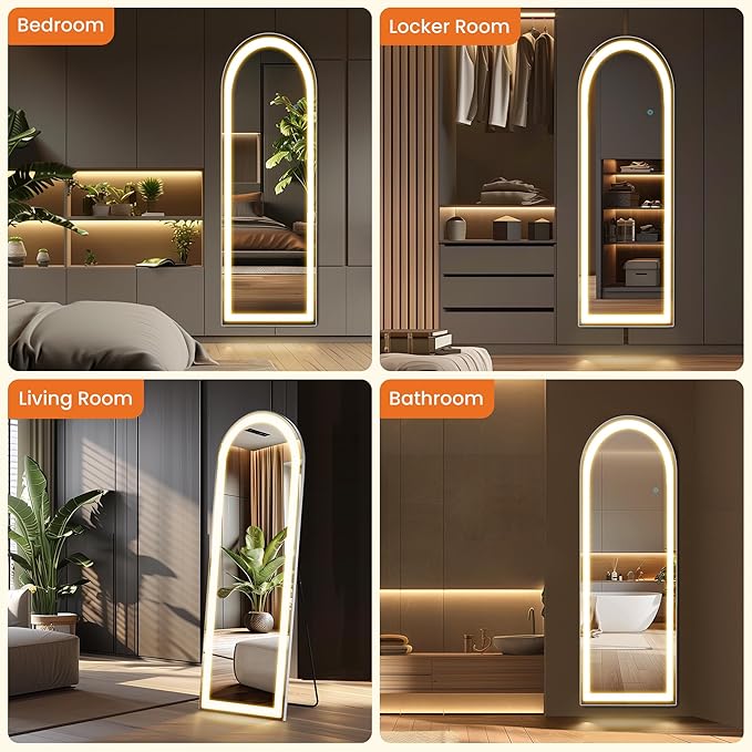 Arched Full Length Mirror with LED Lights, 63"x20" Body Floor Mirror with Dimming & 3 Color Lighting, LED Mirrors for Home Decor, Tall Arch Aluminum Frame Mirrors for Bedroom Cloakroom