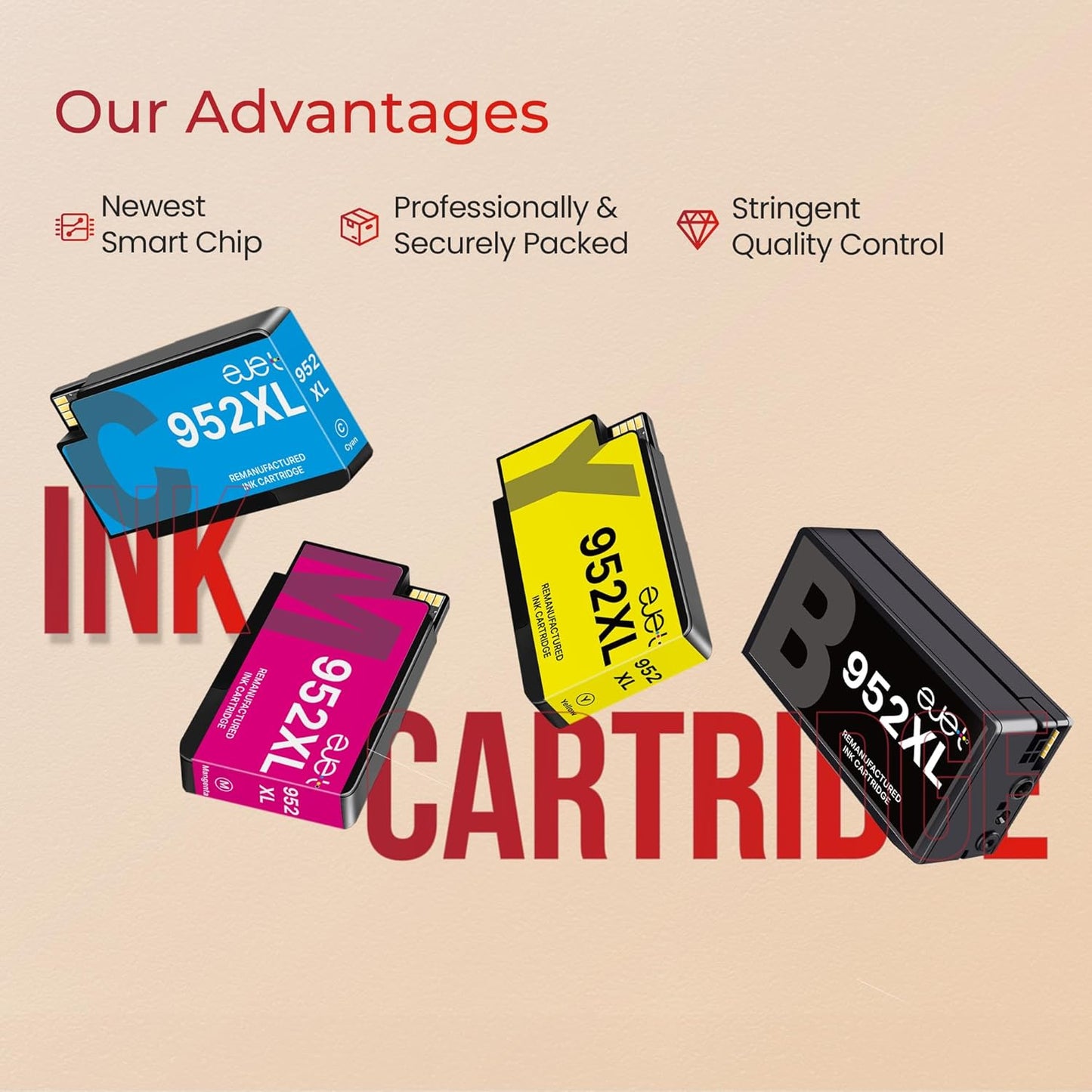 ejet 952XL Ink Cartridges Combo Pack High Page Yield (4-Pack) Compatible for HP 952XL Ink Cartridges Combo Pack | Works Officejet Pro 8702 8710 8720 8210 7740 7720，Black Cyan Magenta Yellow | N9K28AN