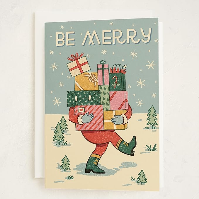 Minted Be Merry Holiday Cards, 8 Cards with Envelopes, Folded 5x7 Christmas Card with Santa Carrying Gift Boxes Illustration, Retro-Inspired Classic Christmas Design, Luxurious Paper, Blank Inside