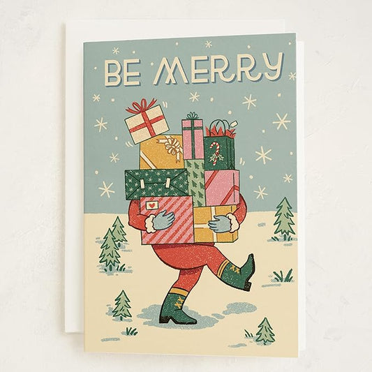 Minted Be Merry Holiday Cards, 8 Cards with Envelopes, Folded 5x7 Christmas Card with Santa Carrying Gift Boxes Illustration, Retro-Inspired Classic Christmas Design, Luxurious Paper, Blank Inside