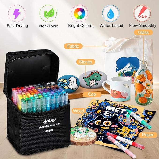 YHC 48 Colors Acrylic Paint Pens with Free App, Dual Tip Acrylic Paint Markers with Brush Tip and Fine Tip for Adults, Kids, Eggs, Wood, Rock, Canvas, Plastic, Stone, Glass, Ceramic