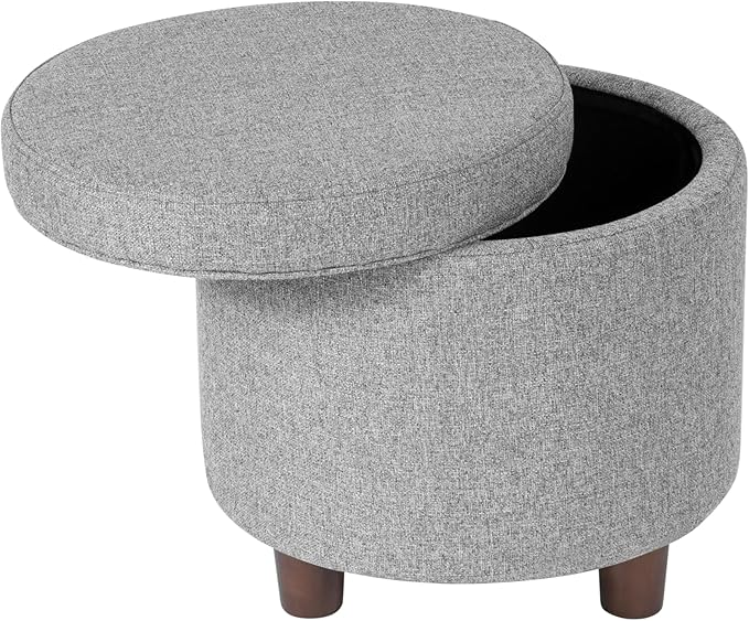 Homepop Home Decor | Upholstered Round Storage Ottoman | Ottoman with Storage for Living Room & Bedroom, Light Gray Tweed