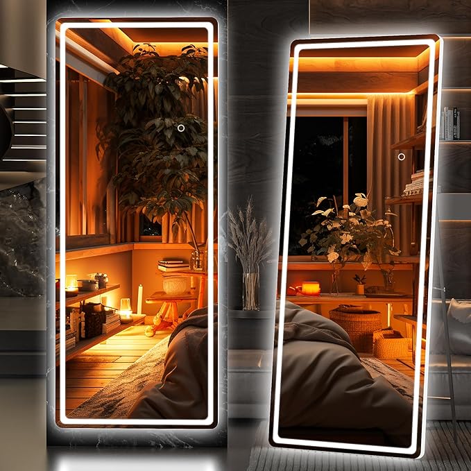 Hasipu Full Length Mirror with Lights, 61" x 22" LED Floor Mirror, Full Body Dressing Standing, Hanging Mounted Mirror for Living Room Bedroom Cloakroom, Round White