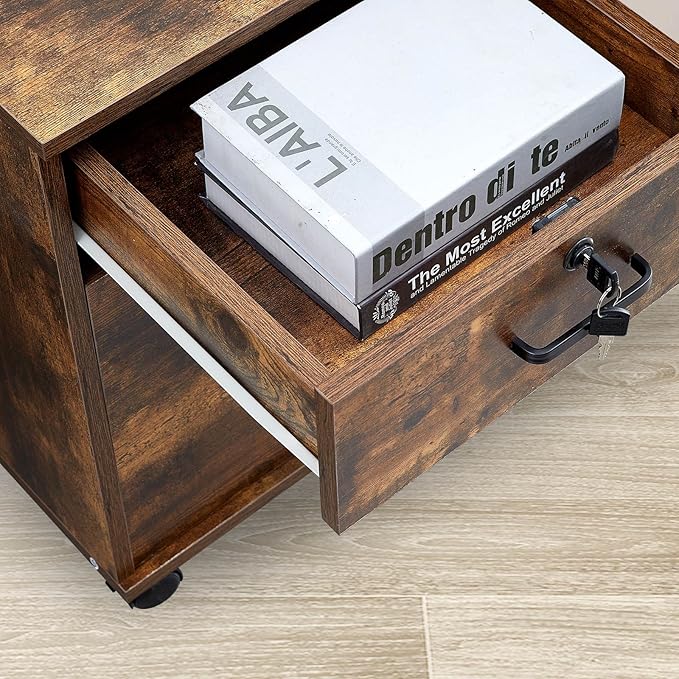 CLIPOP Rolling Storage Cabinet with Drawer, Home Office Cabinet with Lock, Under Desk Storage Cabinet for Office (Rustic Brown)
