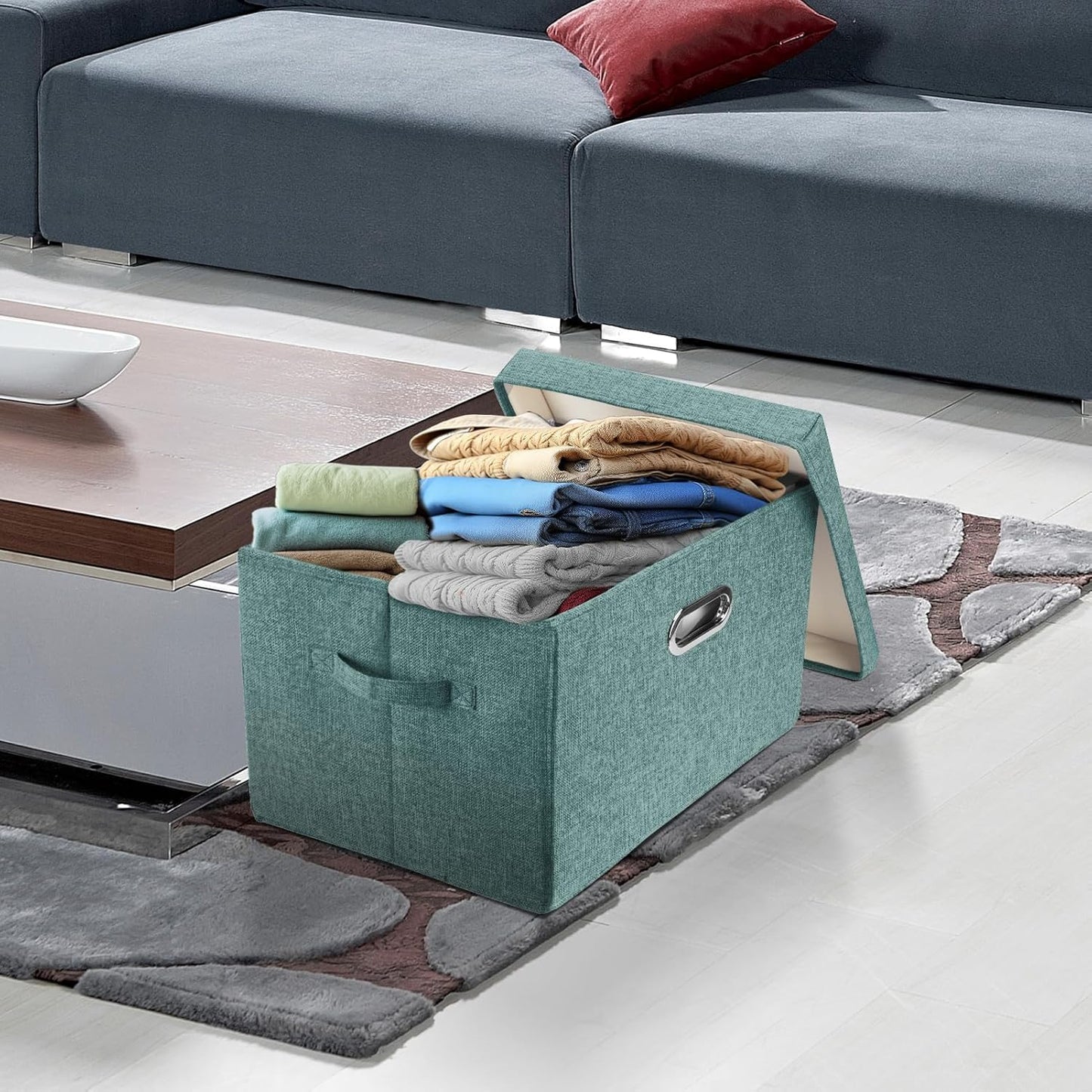 TYEERS Large Storage Bins with Lids, Collapsible, Washable, Fabric Storage Boxes for Organizing, 17.3x11.8x11.4 inches, 5 Pack, Aqua Deep