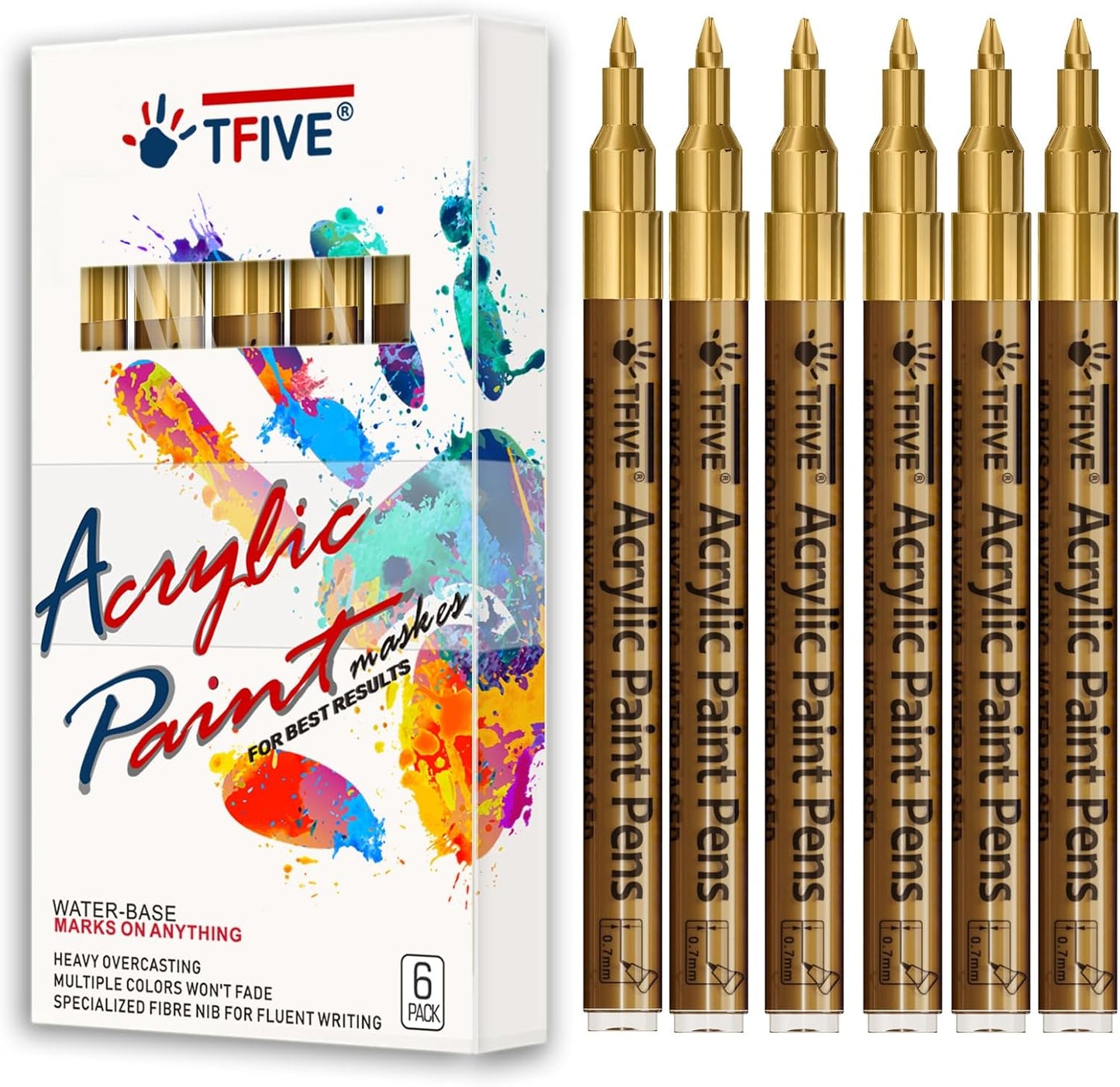 Gold Marker Paint Pens - 6 Pack Acrylic Gold Permanent Marker, 0.7mm Extra Fine Tip Paint Pen for Art projects, Drawing, Rock Painting, Stone, Ceramic, Glass, Wood, Plastic, Metal, Canvas DIY Crafts