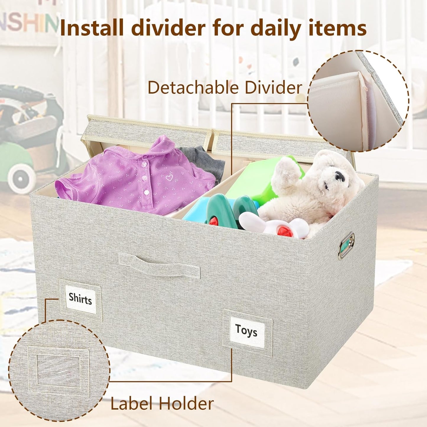 75 Quart Extra Large Decorative Collapsible Storage Bins with Lids, 1 Pack Beige Stackable Boxes