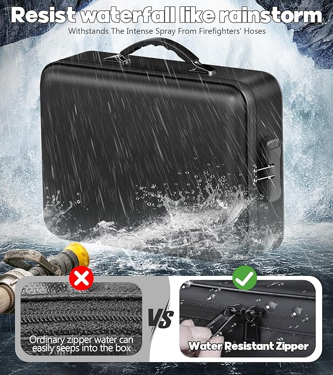 Fireproof Document Box with Water-Resistant Zipper, Hard Case Fireproof Box with Lock, Portable Hard-Shell Fire Safe Box, Large Capacity File Organizer for Important Documents, Laptop (Black, M)