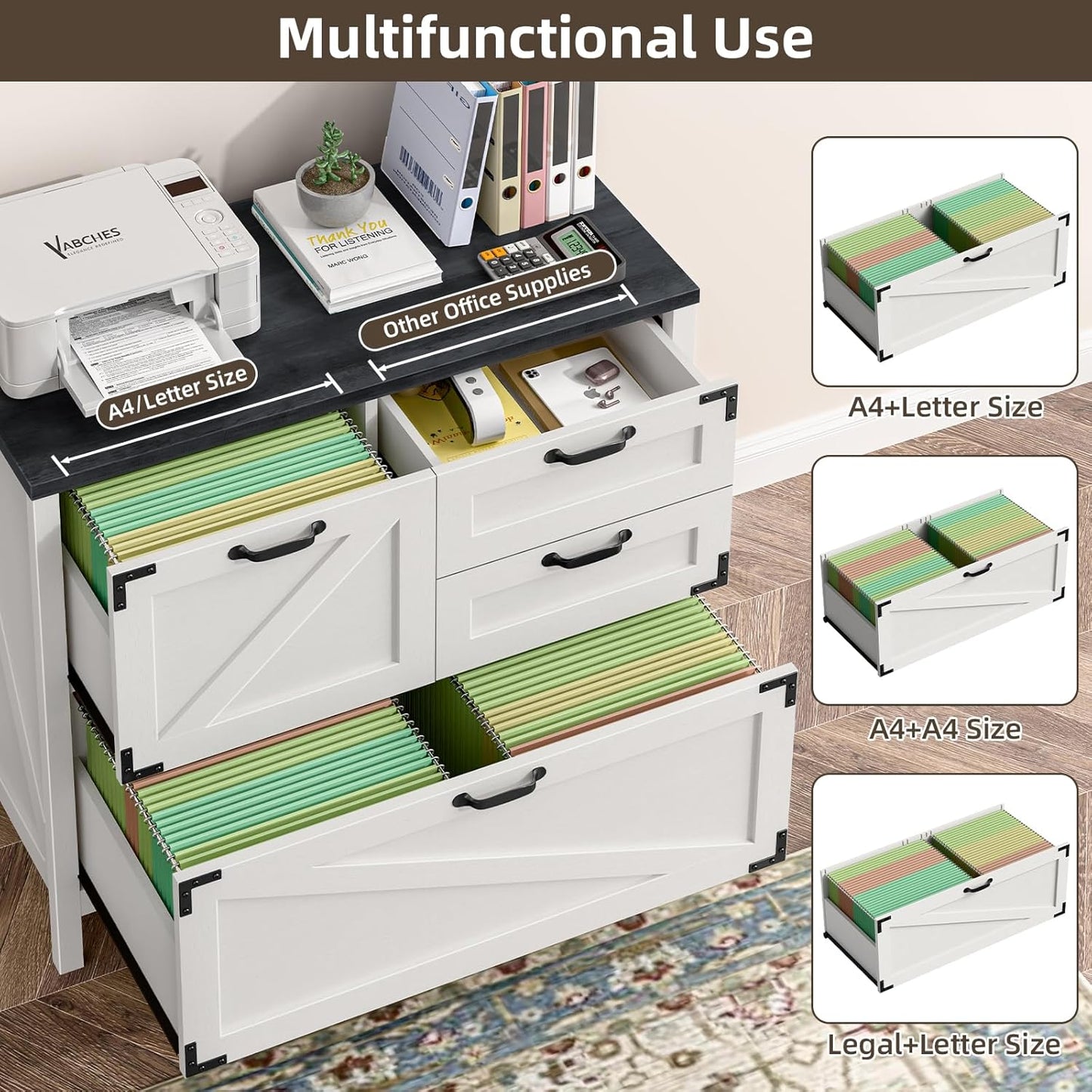 4-Drawer Wood Lateral File Cabinet for Hanging Files Letter/A4/Legal Size, Large Farmhouse File Cabinets for Home Office, Printer Stand with Office Cabinet, White and Black