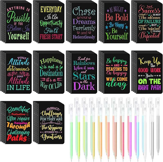 60 Pcs Mini Inspirational Notebooks Bulk with 60 Pcs Colorful Pens, Small Pocket Journal Notepads Set,Motivational Bulk Gifts for Women Men Teacher Student Kids,Fun School Office Supplies,3.5"x5.5"
