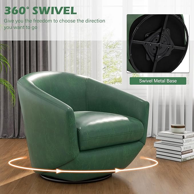 UIXE 360° Swivel Barrel Accent Chair, PU Leather Upholstered Club Armchair for Living Room, Modern Round Arm Chair Single Sofa Bedroom Reading Seating (Green)