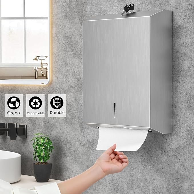 Paper Towel Dispenser Wall Mount Commercial, Stainless Steel Hand Towel Dispenser with Lock, c-fold/Multi-fold/Tri-fold Large Capacity Tissue Holder