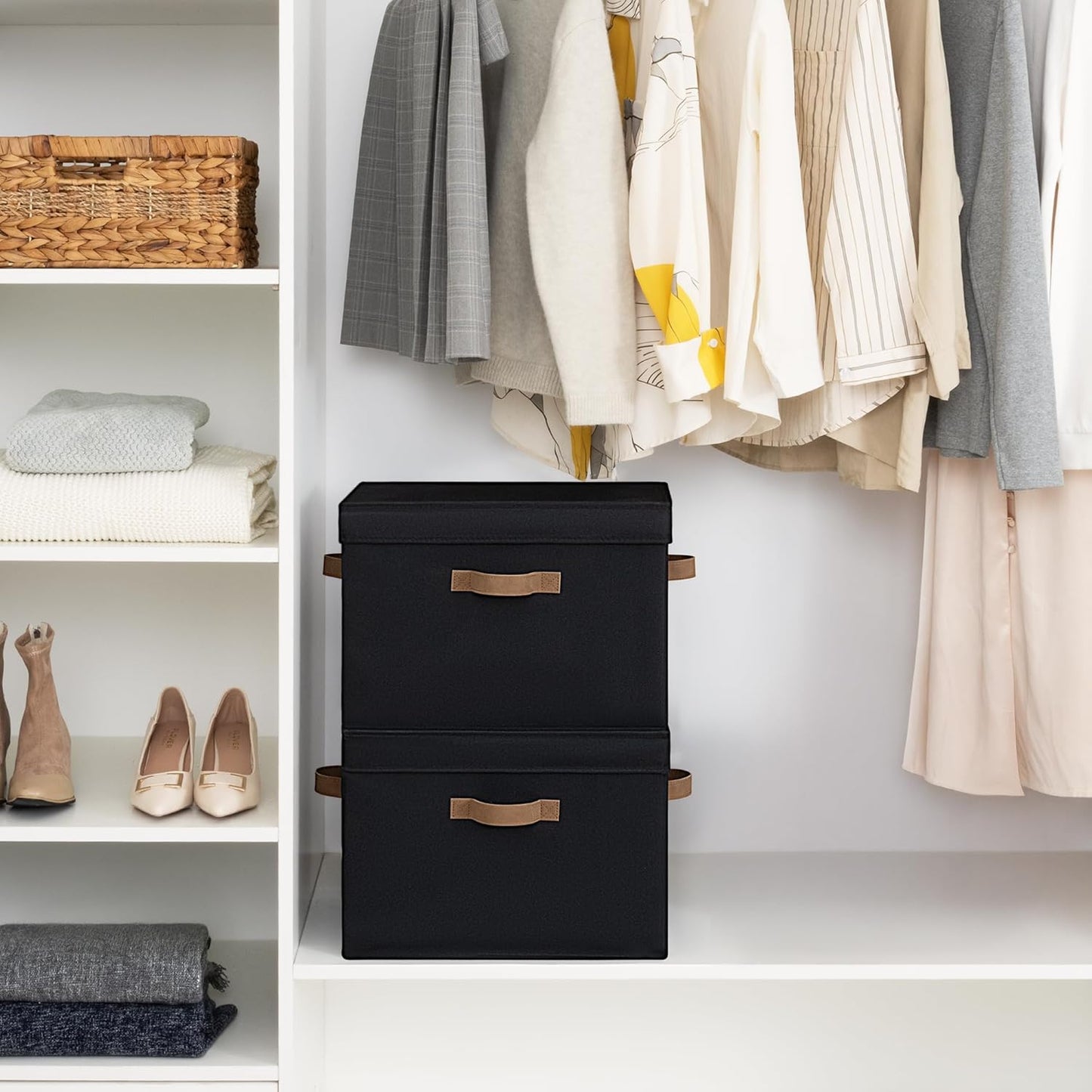 StorageWorks Fabric Storage Bins with Lid, Decorative Storage Boxes for Shelves, Stackable Closet Organizer Basket with Handles, Jumbo, Black, 2-Pack