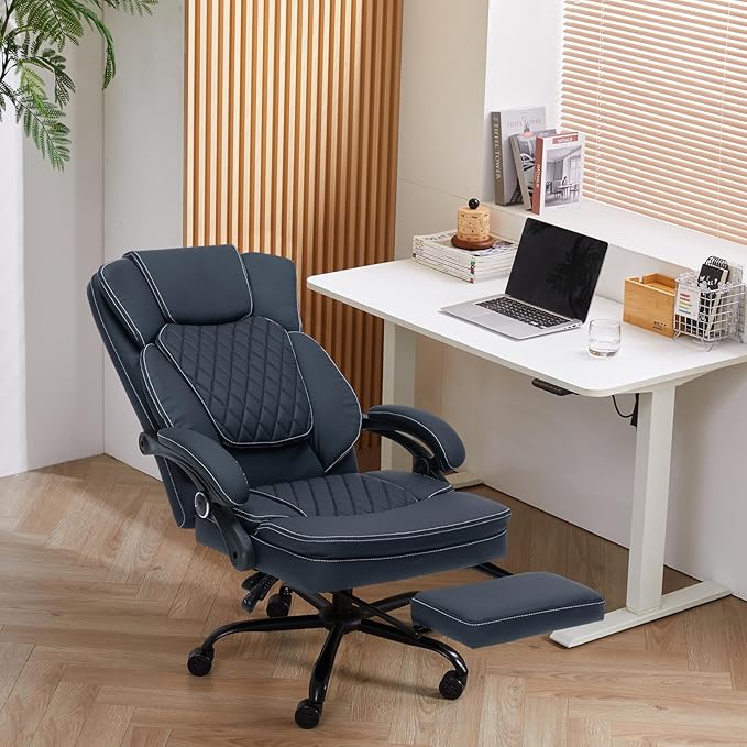 Ergonomic Office Chair with Foot Rest, Executive Chair with Footrest PU Leather Computer Chair, Big and Tall Chair Reclining Desk Chair, Thick Padded Coil Spring Seat, 400 lbs Capacity (Black)