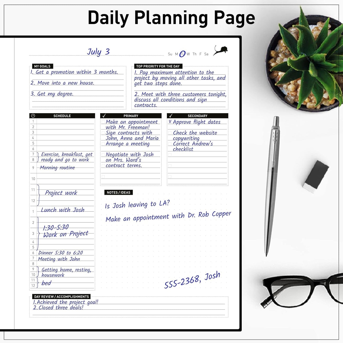 Daily Planner - Professional Life Planner, Calendar & Gratitude Journal to Increase Productivity, Time Management & Happiness - Vegan Leather Softcover, 6 Months, Undated 24 Hour Business Planner