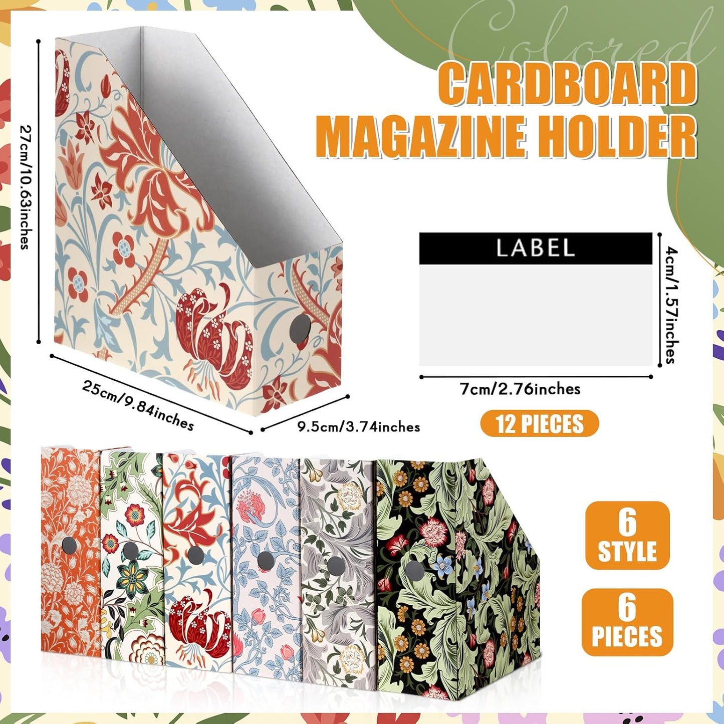 PerKoop 6 Pcs Magazine File Holder Foldable Decorative Cardboard File Folders 6 Patterns Floral Colored Magazine Rack with Printable Sticker Labels for School Office Home Desk (Floral)
