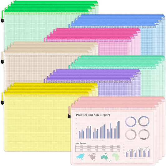 Smarpau 32PCS Mesh Zipper Pouch Bags, A4 Size 13.3" x 9.4" Zipper Pouches for Organizing, Large Waterproof Mesh Bags for Board Game Storage, Letter Size File Bags for Travel Home Office Supplie