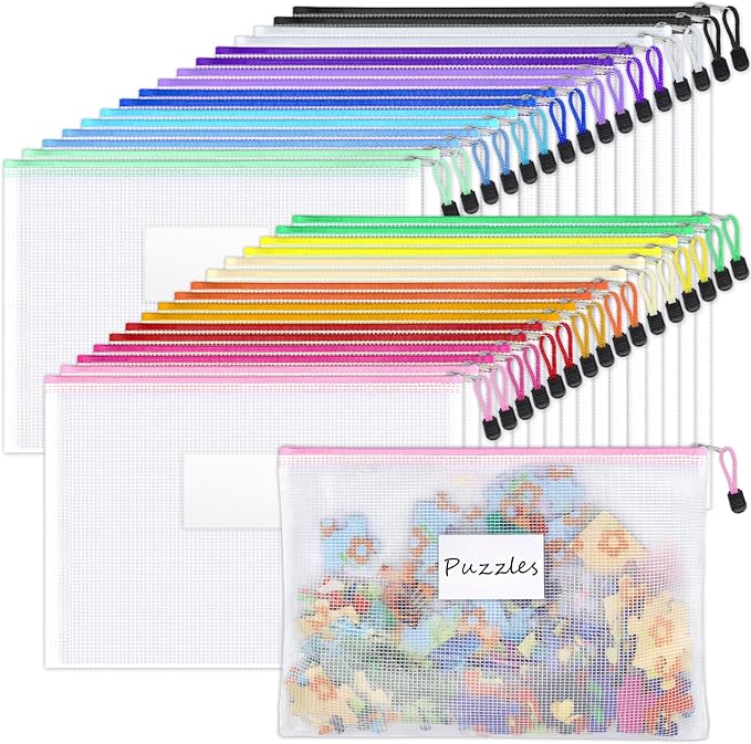 Sooez 32 Pack Mesh Zipper Pouch Bags, A4 Letter Size, Zipper Bags with Label Pocket, Waterproof Zipper Pouches for Classroom Organization, Board Game Storage, Document Bag for Office School Supplies