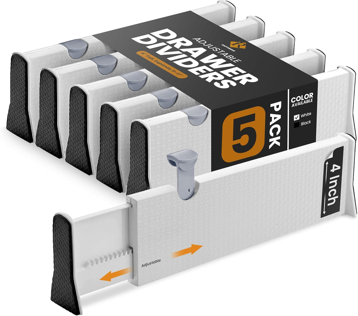 RAPTUROUS Adjustable Drawer Dividers, 4" Tall, Expandable 11-17", 5-Pack, Non-Slip for Dresser, Closet, Kitchen, Nursery, and Office (White)