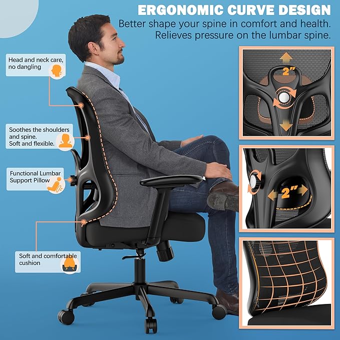 ELABEST Ergonomic Office Chair,Home Desk Chair with Mesh Back,Adjustable Lumbar Support,Built-in Springs Wide Seat,Executive Task Chair with 3-D Big Armrests,Tilt Function,Computer Desk Chair